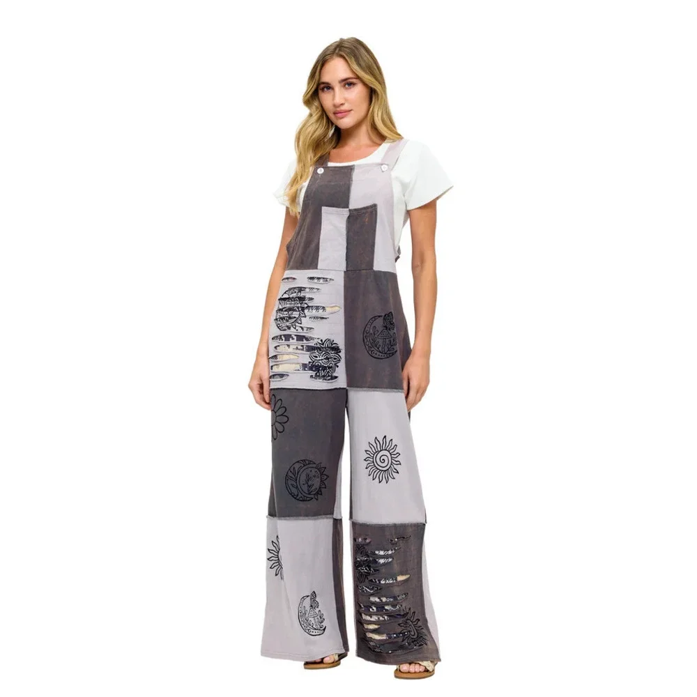 26361 Yak & Yeti Boho Patchwork Razor Cut Hand Painted Gray Overall - Var Sizes
